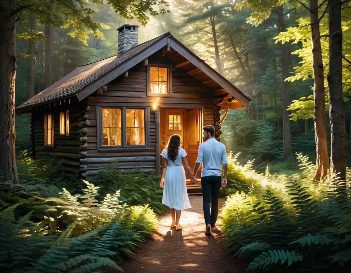 A serene couple exploring a lush forest, their hands intertwined, symbolizing self-discovery and intimacy. Warm sunlight filters through the trees, creating a romantic glow. In the background, a small path leads towards an inviting cabin, representing growth and lasting love. Soft, muted colors to evoke feelings of peace and happiness. super-realistic. vibrant colors.