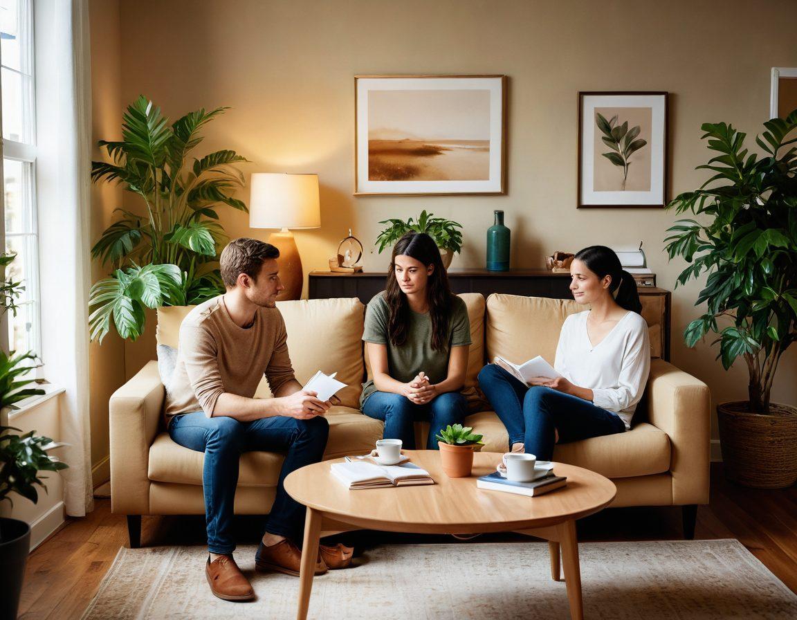 A serene, split-scene image: on one side, a couple engaged in open dialogue in a cozy, warmly-lit living room, reflecting healthy communication; on the other side, they are calmly resolving a disagreement, with soft expressions and body language emphasizing understanding. Incorporate elements like a coffee table with a notepad and a calming indoor plant. super-realistic. warm tones. soft focus.