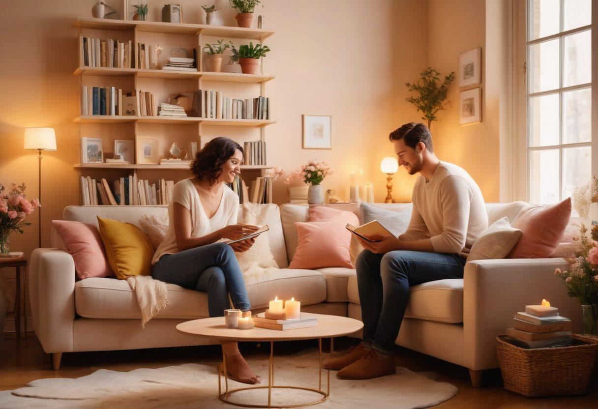 A warm, inviting scene depicting a couple in a cozy living room, sharing a deep conversation with smiles, surrounded by books about love and relationships. Soft ambient lighting casts a golden hue, highlighting elements of trust like intertwined hands and heart-shaped cushions. Subtle symbols of romance, such as a vase of fresh flowers and a gentle flickering candle, add to the atmosphere of warmth and connection. watercolor style. soft pastel colors. cozy and warm ambiance.